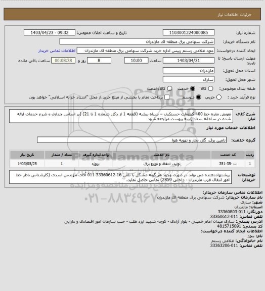 استعلام تعویض مقره خط 400 کیلوولت حسنکیف – سیاه بیشه (قطعه 1 از دکل شماره 1 تا 21) (بر اساس جداول و شرح خدمات ارائه شده در سامانه ستاد ). به پیوست مراجعه شود
