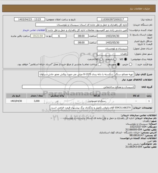 استعلام تهیه مصالح سنگی شکسته با دانه یندی 12/5-0 میلی متر جهت روکش محور خاش-سراوان