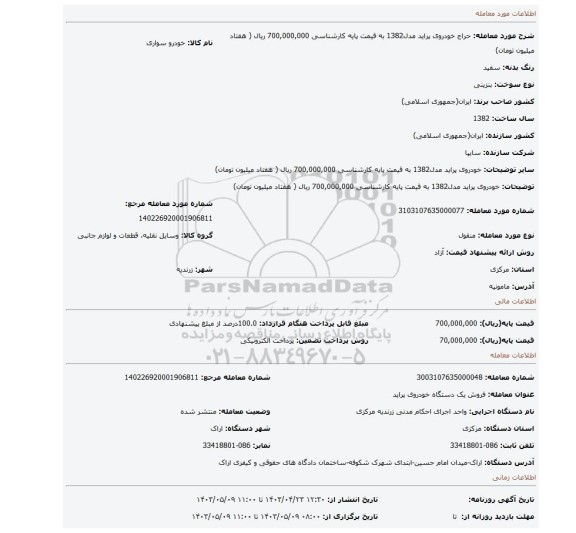 خودروی پراید مدل1382 به قیمت پایه کارشناسی 700,000,000 ریال ( هفتاد میلیون تومان)