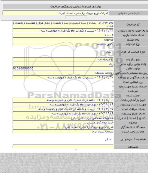 مناقصه, خرید انواع کابل مسی