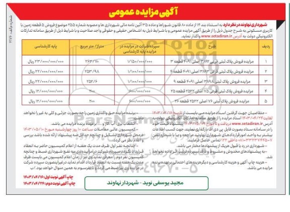 مزایده فروش 5 قطعه زمین با کاربری مسکونی - نوبت دوم
