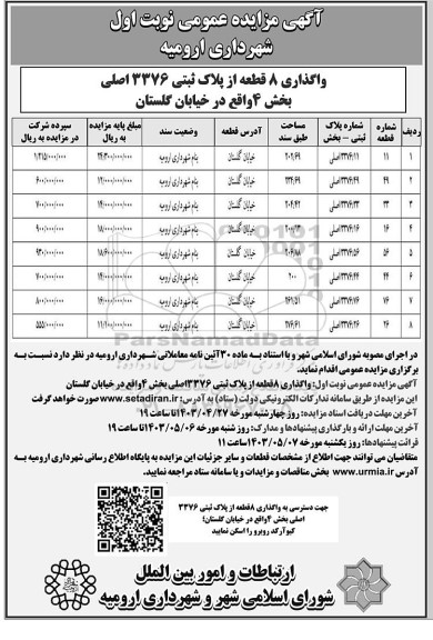 مزایده عمومی واگذاری 8 قطعه از پلاک ثبتی 3376 اصلی 