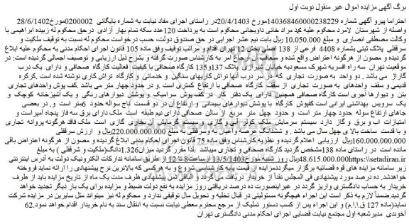 مزایده فروش میزان1.326دانگ(ملکیت و سرقفلی )