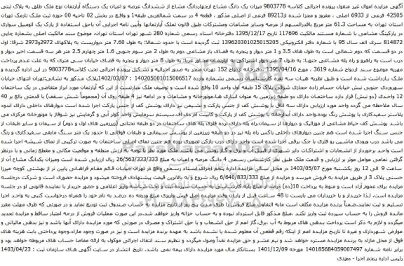 آگهی مزایده یک دانگ مشاع ازچهاردانگ مشاع از ششدانگ عرصه و اعیان یک دستگاه آپارتمان نوع ملک طلق به پلاک ثبتی 42505 فرعی از 6933 اصلی