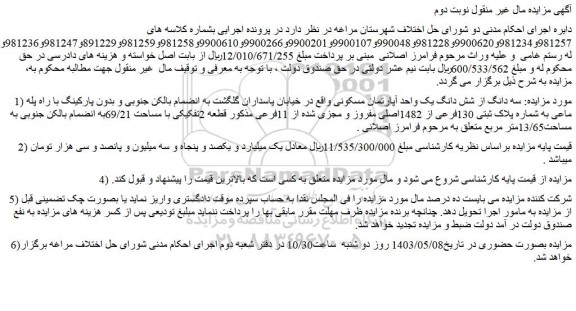 مزایده فروش سه دانگ از شش دانگ یک واحد آپارتمان مسکونی