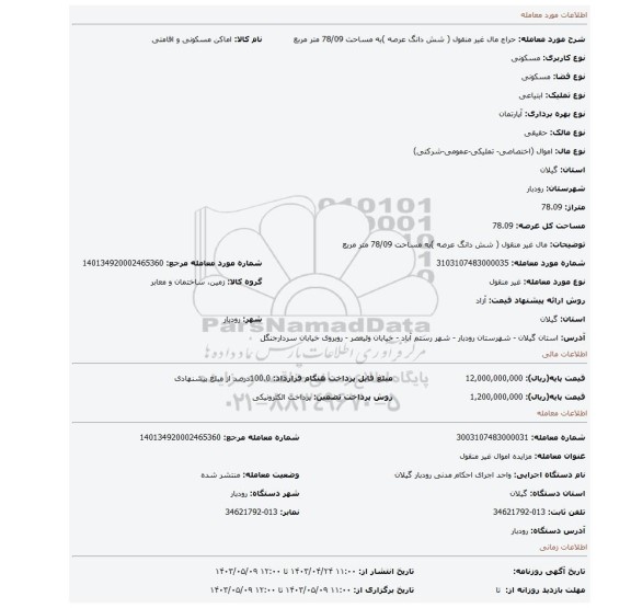 مال غیر منقول ( شش دانگ عرصه )به مساحت 78/09 متر مربع