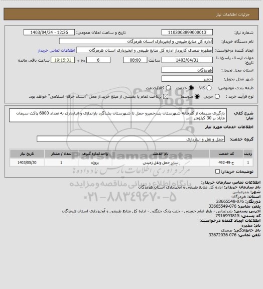 استعلام بارگیری سیمان از کارخانه شهرستان بندرخمیرو حمل تا شهرستان بشاگرد باراندازی و انبارداری به تعداد 6000 پاکت سیمان مازاد بر 30 کیلومتر