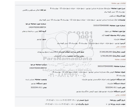 ملک مشاع به نشانی: نوشهر - شمع جاران - خیابان شمع جاران 12 - بهارستان 8 -بهارستان 10 -نبش کوچه پیام