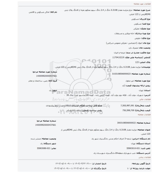 مزایده مقدار 0.3108 دانگ از 2.4 دانگ سهم محکوم علیه از 6دانگ پلاک ثبتی 8246فرعی از 123 اصلی.