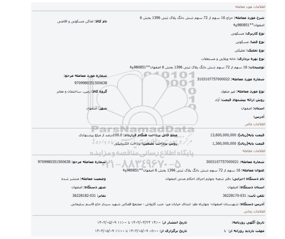 16 سهم از 72 سهم شش دانگ پلاک ثبتی 1396 بخش 6 اصفهان**980851ج4