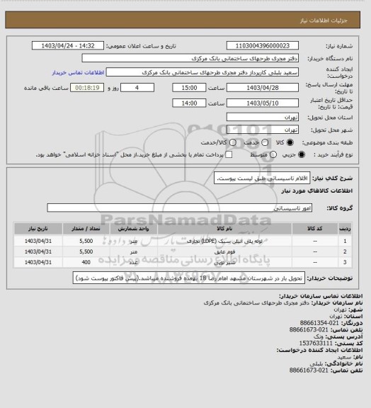 استعلام اقلام تاسیساتی طبق لیست پیوست.