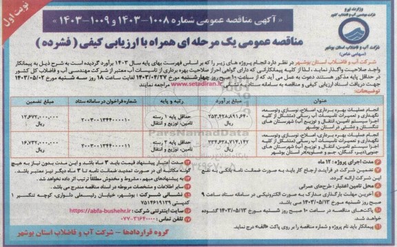 مناقصه انجام عملیات بهره برداری ، اصلاح ، نوسازی و توسعه ، ...