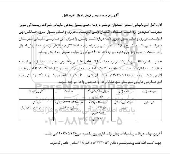 مزایده فروش ششدانگ پلاک های 234، 300، 328.1 فرعی از 32 اصلی