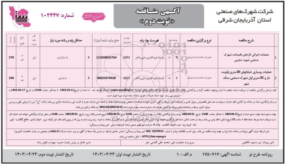 مناقصه عملیات اجرائی کارهای باقیمانده شهرک صنعتی ....- نوبت دوم 