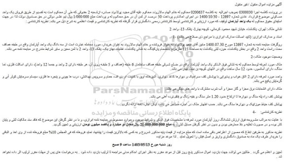 مزایده فروش سه دانگ یک واحد آپارتمان