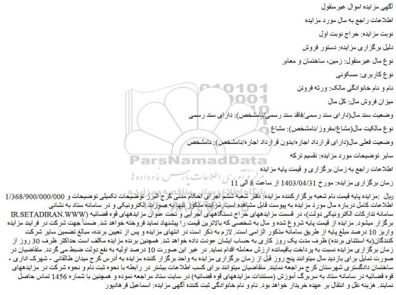 مزایده فروش زمین، ساختمان و معابر  نوع کاربری: مسکونی