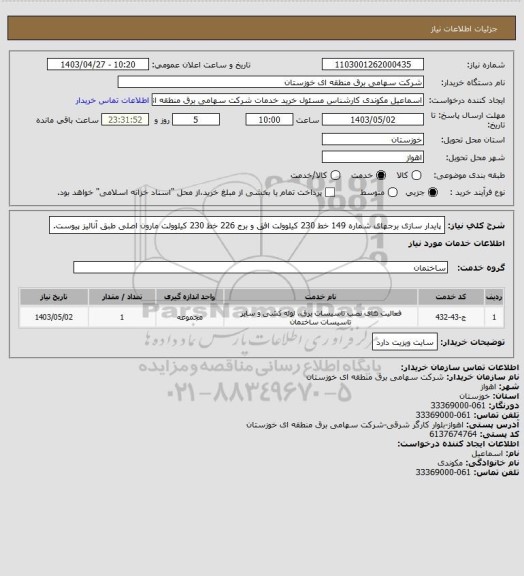 استعلام پایدار سازی برجهای شماره 149 خط 230 کیلوولت افق و برج 226 خط 230 کیلوولت مارون اصلی  طبق آنالیز پیوست.