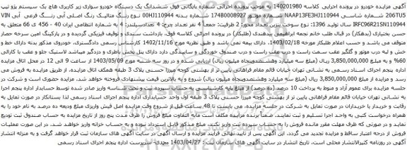 آگهی مزایده ششدانگ یک دستگاه خودرو سواری زیر کاربری هاچ بک سیستم پژو تیپ 206TU5 