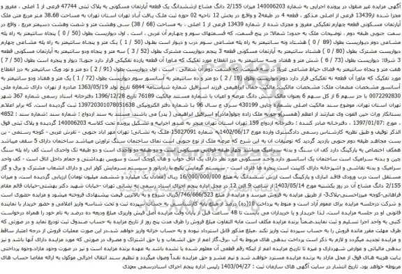 آگهی مزایده میزان 2/155 دانگ مشاع ازششدانگ یک قطعه آپارتمان مسکونی به پلاک ثبتی 47744 فرعی از 1 اصلی ، مفروز و مجزا شده از13439 فرعی از اصلی