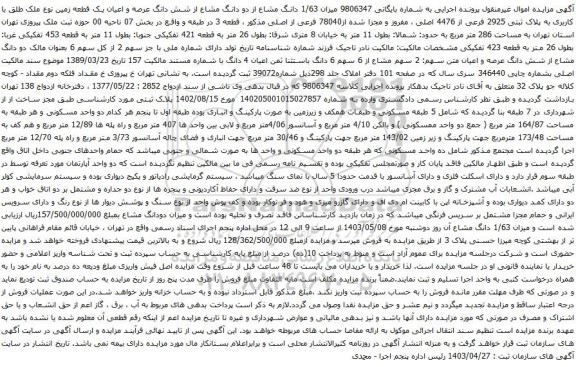 آگهی مزایده  میزان 1/63 دانگ مشاع از دو دانگ مشاع از شش دانگ عرصه و اعیان یک قطعه زمین نوع ملک طلق با کاربری به پلاک ثبتی 2925 فرعی از 4476 اصلی