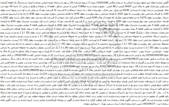 آگهی مزایده ششدانگ یک قطعه آپارتمان مسکونی نوع ملک طلق به پلاک ثبتی 94207 فرعی از 88 اصلی ، مفروز و مجزا شده از71896 فرعی از اصلی