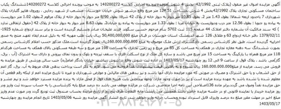 مزایده ششدانگ یکباب ساختمان مسکونی تجاری پلاک 42/1992بخش 4 شوش بمساحت 124.51 متر مربع 