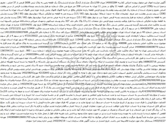 آگهی مزایده میزان 1/09دانگ مشاع از 2دانگ مشاع ازششدانگ یک قطعه زمین به پلاک ثبتی 2658 فرعی از 37 اصلی ، مفروز و مجزا شده از1358 فرعی از اصلی 