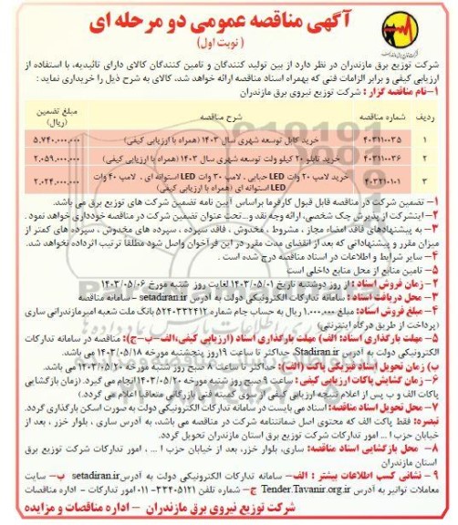 مناقصه خرید کابل توسعه شهری ....