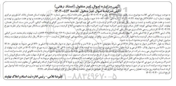 مزایده پلاک ثبتی 1219 فرعی از 15 اصلی بخش 3