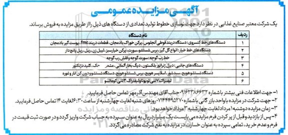 مزایده فروش دستگاه های خط کنسروی: دستگاه دربند قوطی آنجلوس، پرکن...