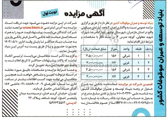 مزایده واگذاری اعیان 4 واحد آپارتمان مسکونی