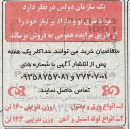مزایده فروش مواد فلزی نو و مازاد بر نیاز ...