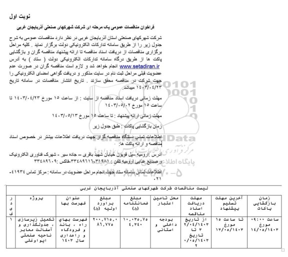 مناقصه تکمیل زیرسازی، جدولگذاری و آسفالت معابر ناحیه صنعتی 