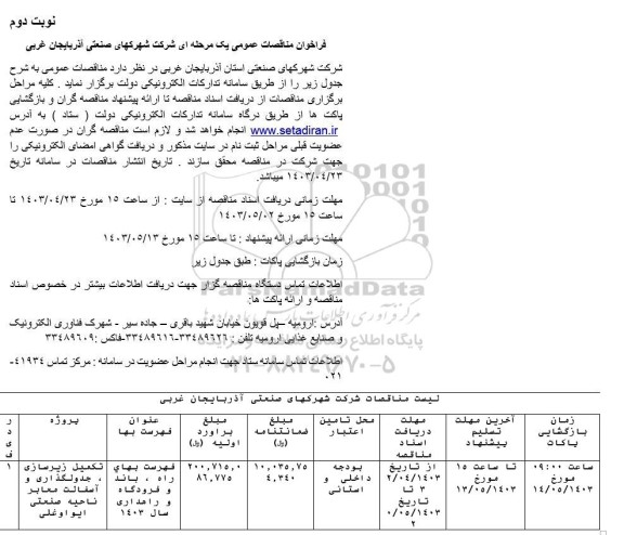 مناقصه تکمیل زیرسازی، جدولگذاری و آسفالت معابر ناحیه صنعتی نوبت دوم 
