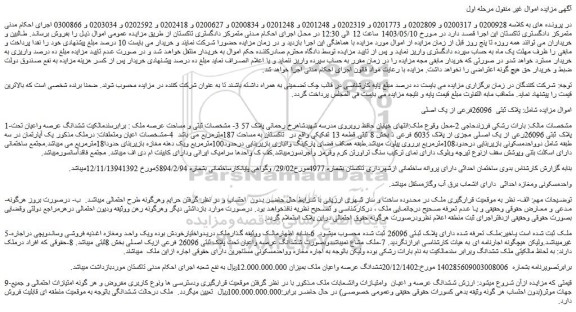 مزایده فروش ششدانگ عرصه واعیان تحت پلاک ثبتی 26096رعی از یک اصلی مجزی از پلاک 6035 فرعی