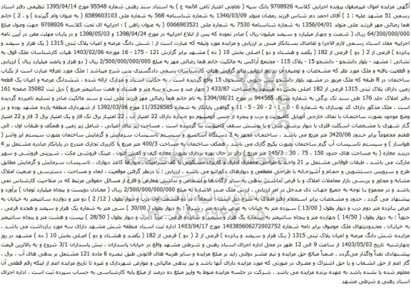 آگهی مزایده شش دانگ عرصه و اعیان پلاک ثبتی 1315 ( یک هزار و سیصد و پانزده ) فرعی از 2 ( دو ) فرعی از 182 