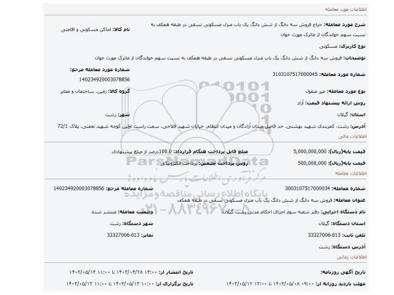 فروش سه دانگ از شش دانگ یک باب منزل مسکونی نسقی در طبقه همکف به نسبت سهم خواندگان از ماترک مورث خوان