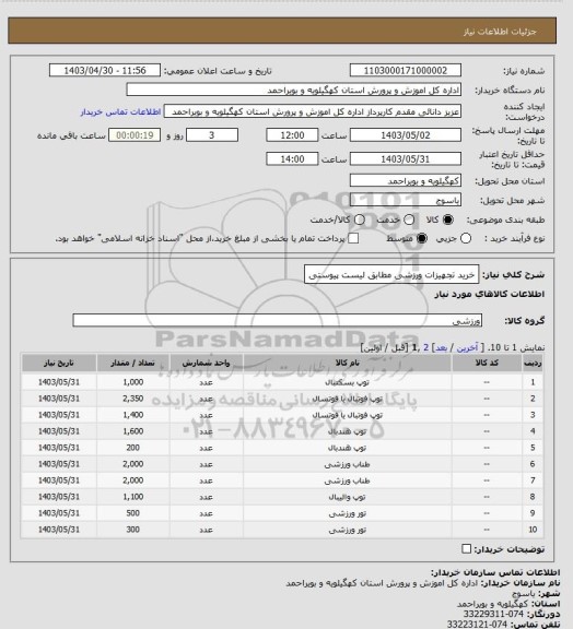 استعلام خرید تجهیزات ورزشی مطابق لیست پیوستی
