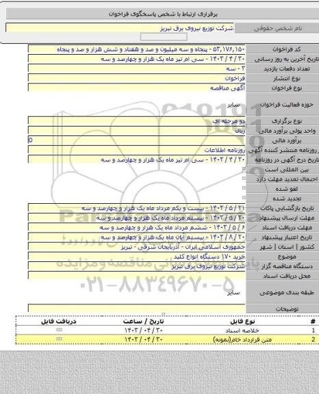مناقصه, خرید ۱۷۰ دستگاه انواع کلید