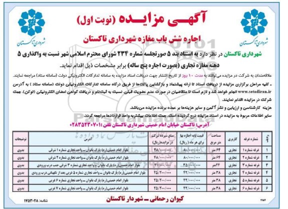 مزایده اجاره شش باب مغازه