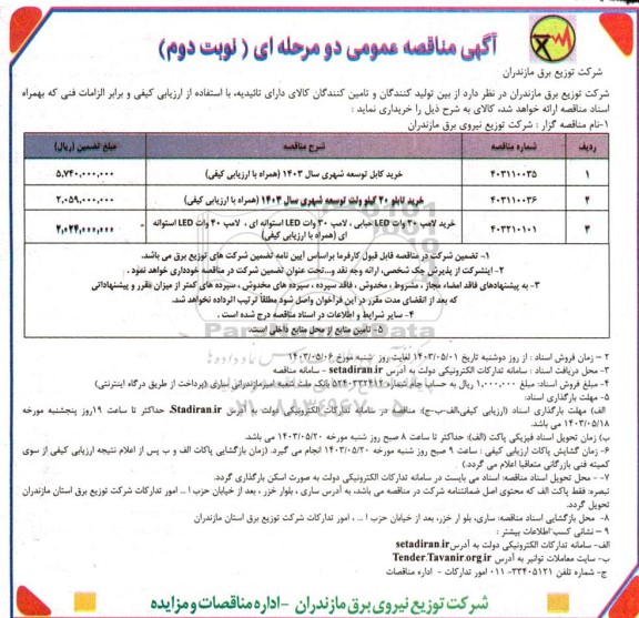 مناقصه خرید کابل توسعه شهری .... - نوبت دوم 