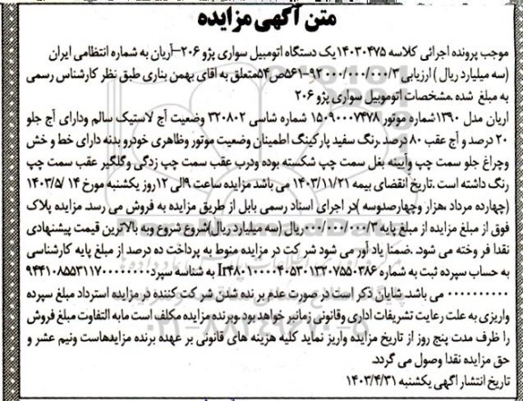 مزایده یک دستگاه سواری پژو 206 آریان