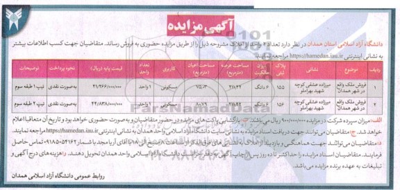 مزایده فروش تعداد 2 واحد از املاک با کاربری مسکونی