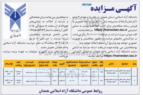 مزایده فروش تعداد 2 واحد از املاک با کاربری مسکونی- نوبت دوم