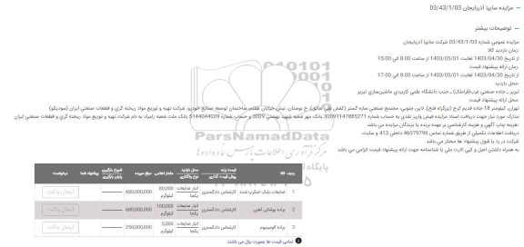 مزایده ضایعات بلنک اسکرپ شده...