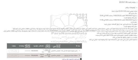 مزایده مخزن فرسوده تصفیه خانه و ضایعات بسته بندی ورق رول