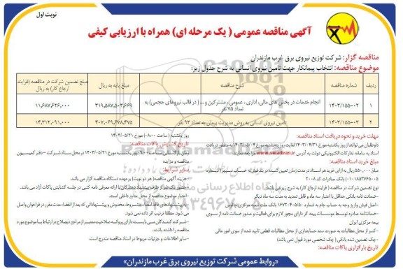 مناقصه انتخاب پیمانکار جهت تامین نیروی انسانی....