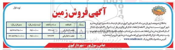مزایده فروش دو قطعه از قطعات تفکیکی