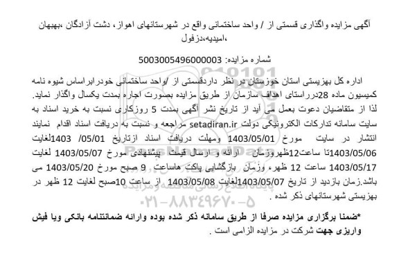 مزایده واگذاری قسمتی از واحد ساختمانی...