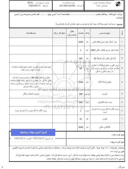 استعلام اجرای فیبرنوری شهید سلیمانی کرمان...